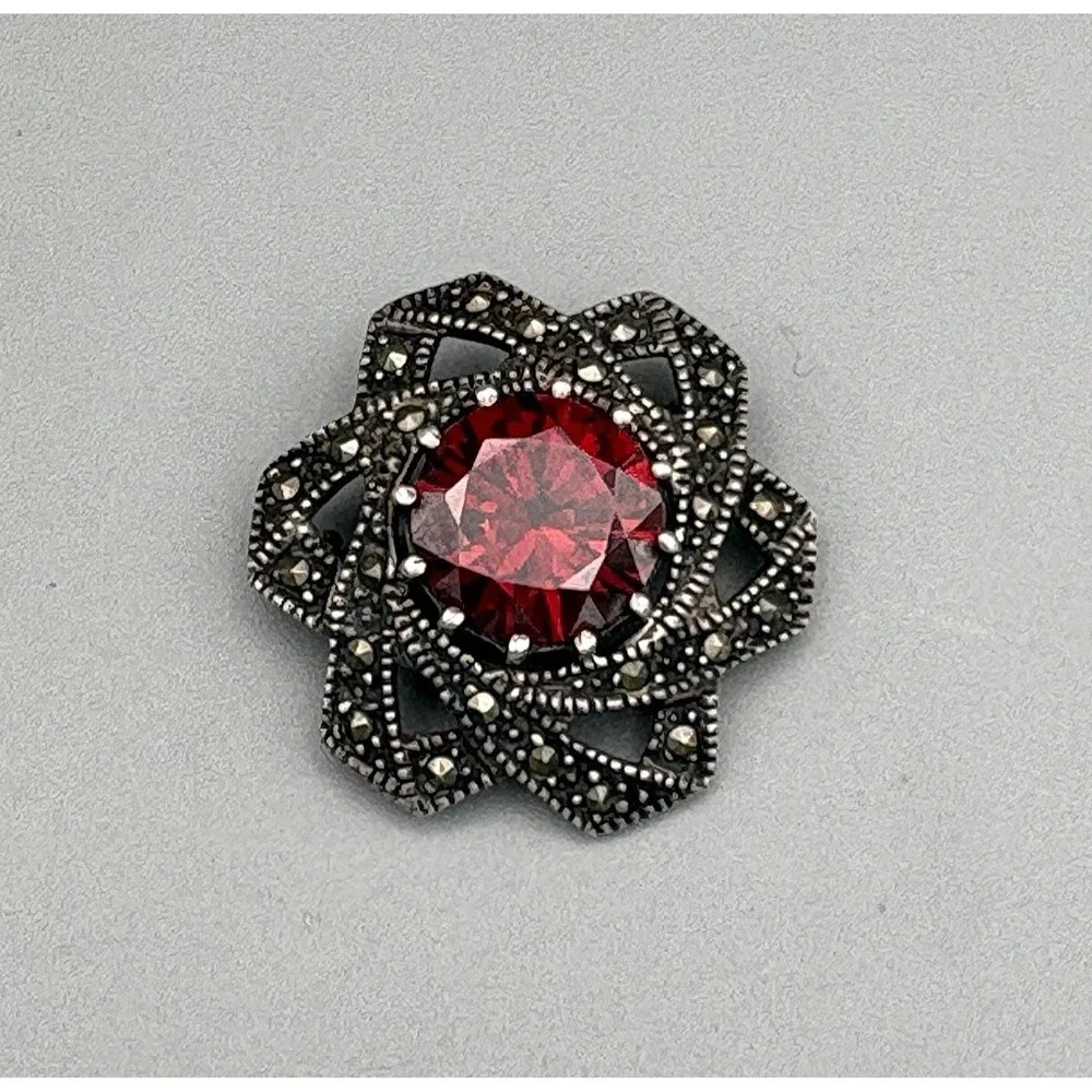 Vintage Sterling Silver Flower Pin Marcasite Red Glass Star Statement